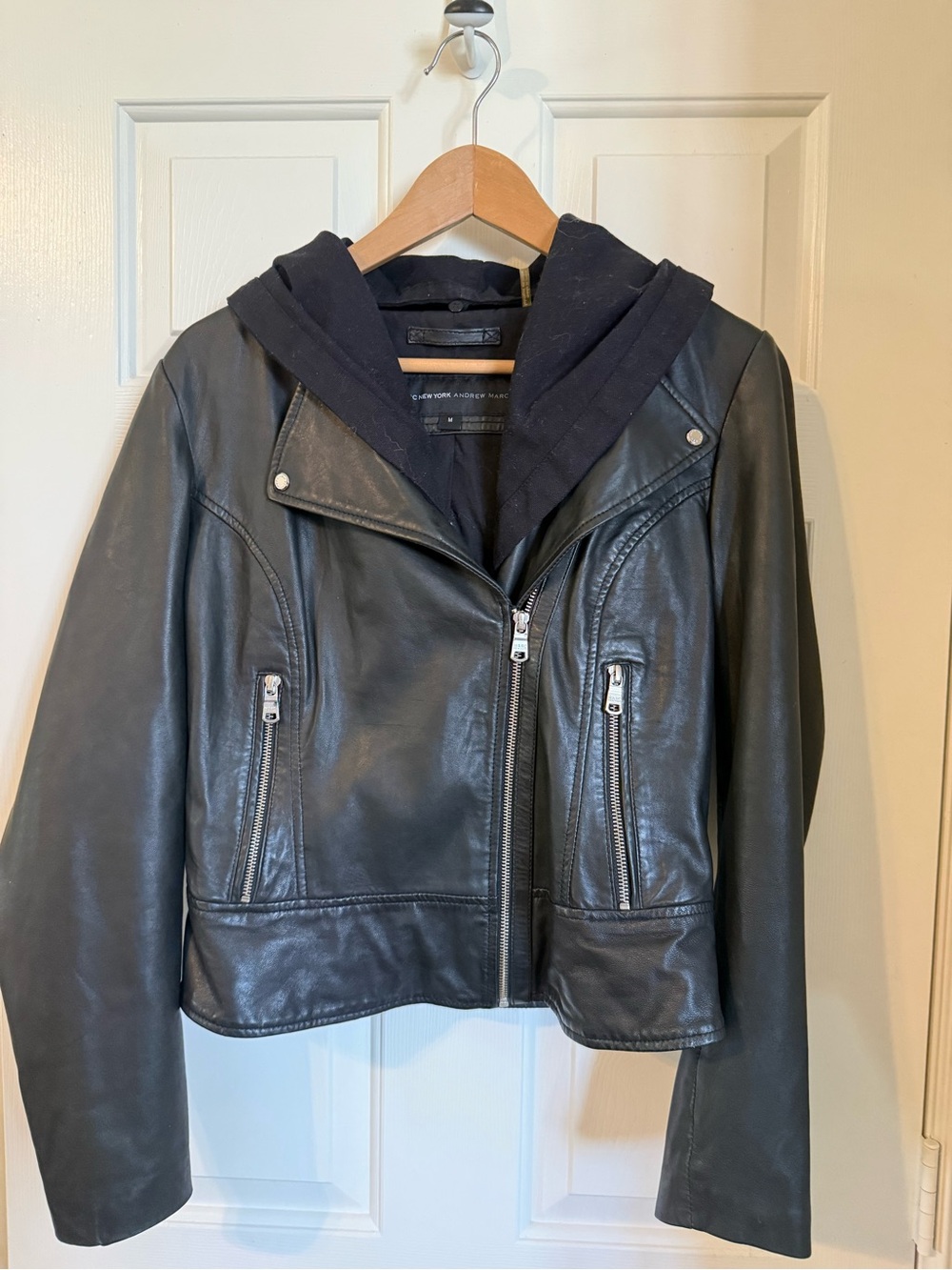 Black Leather Removable Hooded Moto Jacket - Andrew Marc Medium